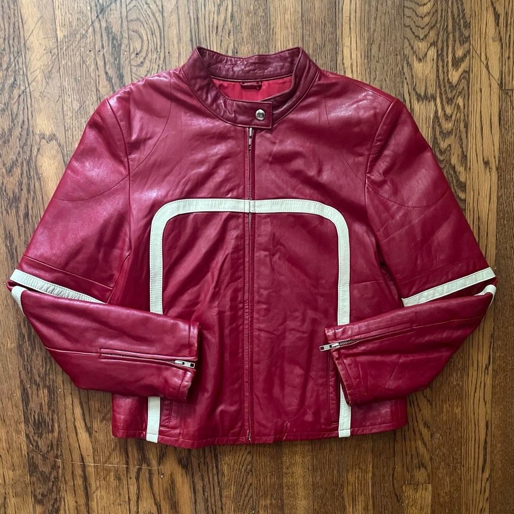 90s Vintage Wilsons Genuine Leather Red and White Motorcycle Racing Jacket